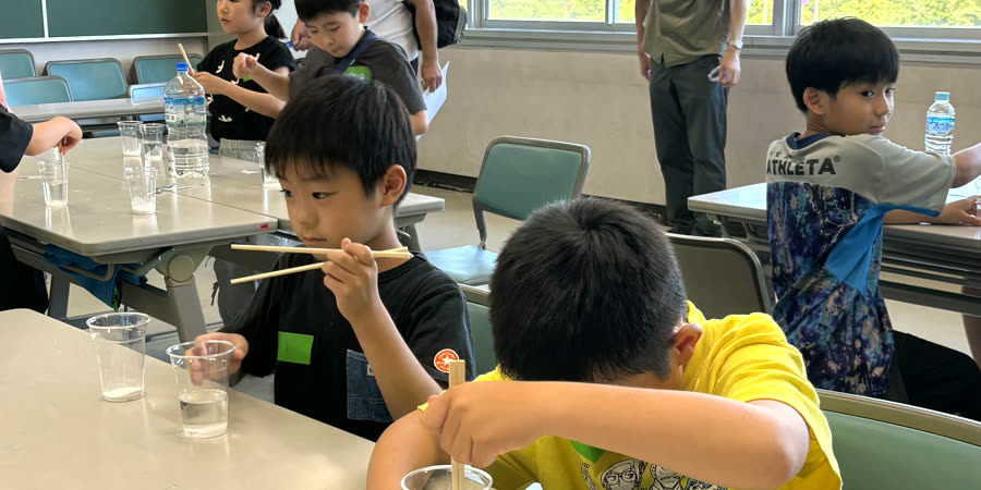 コップと割り箸で理科実験に取り組む子どもたち