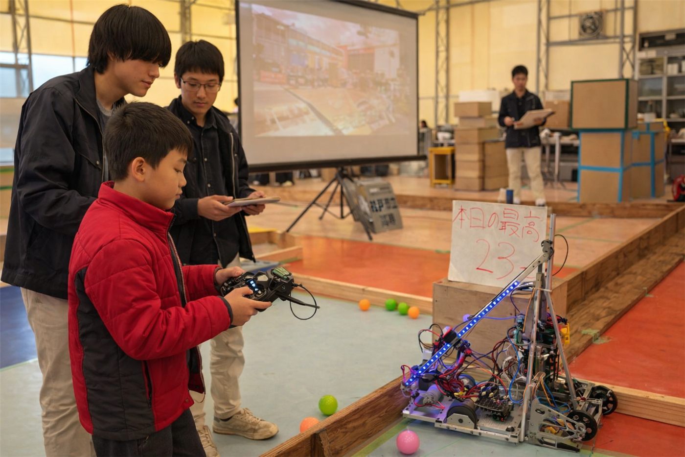 高専ロボコン体験ツアーで競技ロボットを操作する生徒